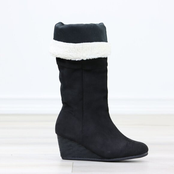 Black Wedge Heeled Boots Sherpa Fold Over Below The Knee Faux Suede - Picture 12 of 12